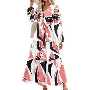 PrettyGarden Women Black Pink Polyester V Neck Long Sleeve Floral Maxi Dress